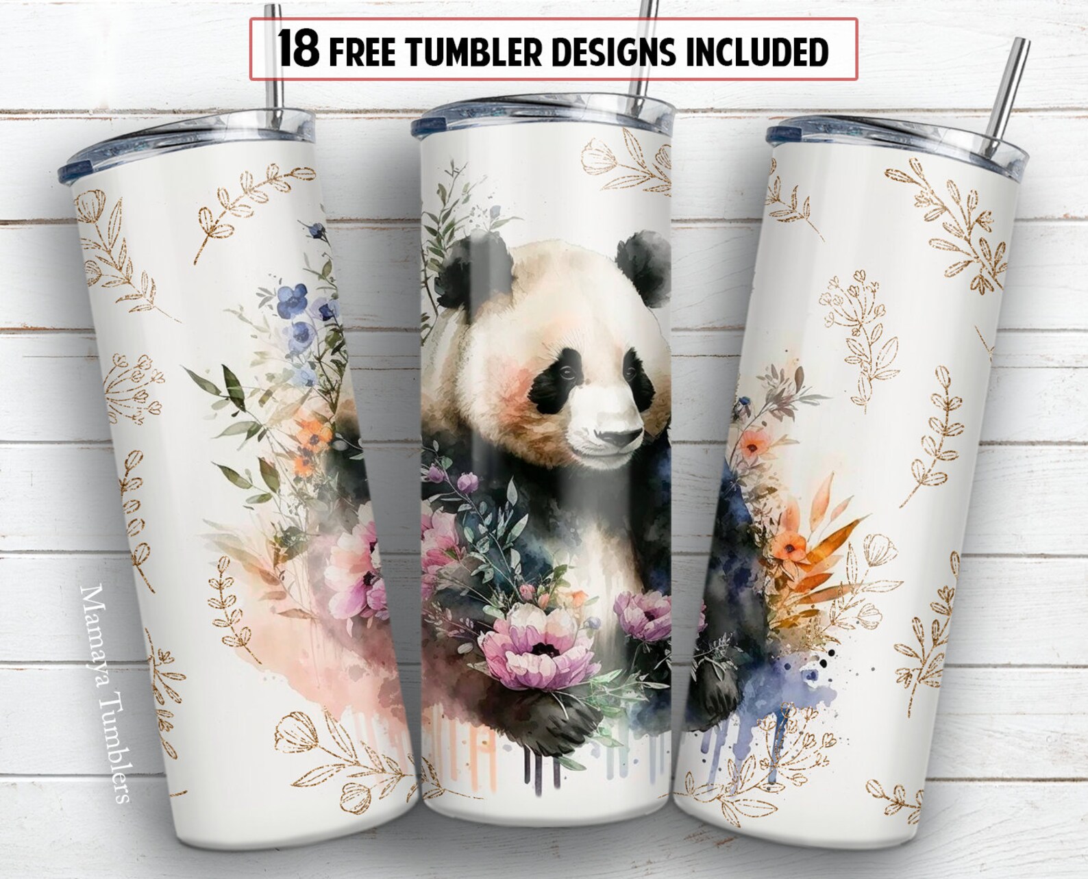 Panda 20 Oz Skinny Tumbler Sublimation Design Boho Gold Plant Floral ...