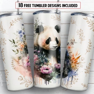Panda 20 oz skinny tumbler sublimation design Boho gold plant Floral wild animal Watercolor digital PNG Straight wrap Waterslide download