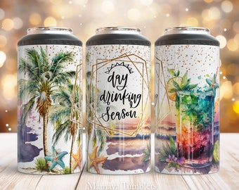 Day drinking season 4 in 1 can cooler sublimation design Summer drinks can cooler wrap Beach palm tree Digital design Straight PNG