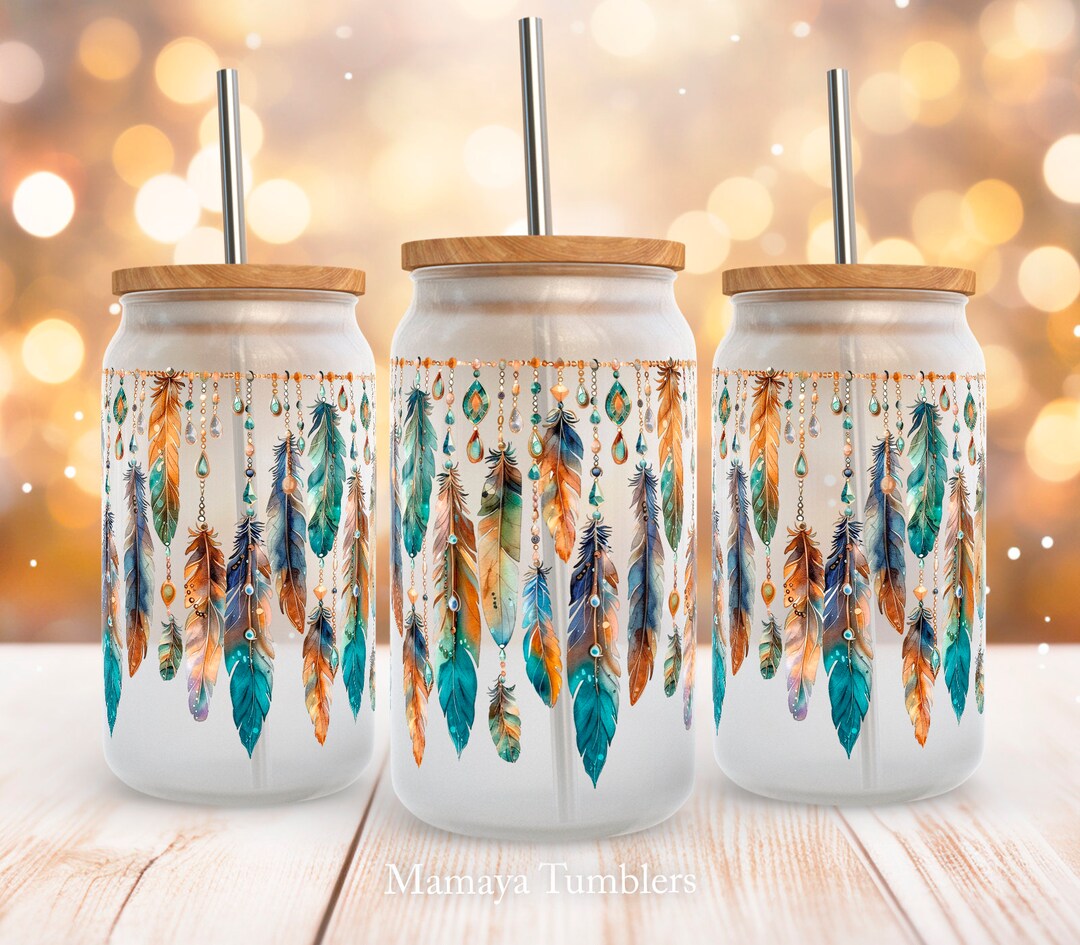 Feathers 16oz Glass Can Sublimation Design Teal and Brown Boho Western ...