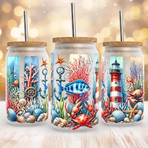Salty 16oz glass can sublimation design Ocean Beach Summer Ocean life Glass can wrap PNG wrap download