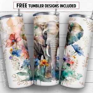 Elephant and flower 20 oz skinny tumbler sublimation design Boho Watercolor Floral animal digital PNG Straight wrap Waterslide download