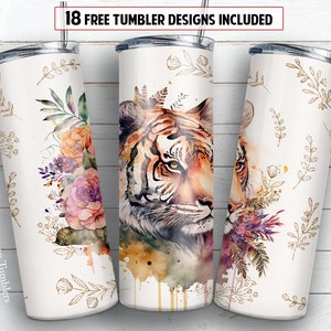 Tiger 20 oz skinny tumbler sublimation design Boho flower Wild exotic animal floral Watercolor digital PNG Straight wrap Waterslide download