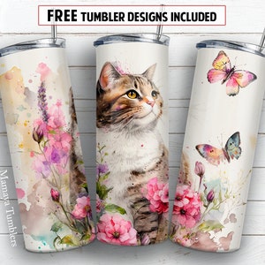 Cat flower and butterfly 20 oz skinny tumbler sublimation design Watercolor Pet lover digital PNG Straight wrap Waterslide download