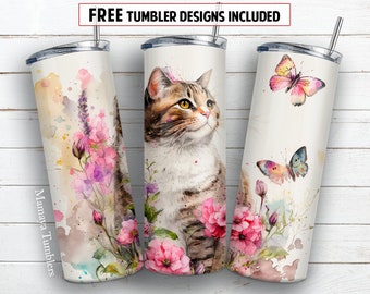 Cat flower and butterfly 20 oz skinny tumbler sublimation design Watercolor Pet lover digital PNG Straight wrap Waterslide download