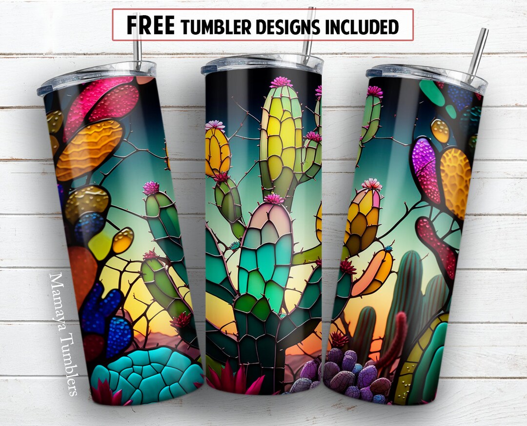 Stained Glass Cactus 20 Oz Skinny Tumbler Sublimation Design Desert ...