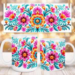 Mexican flowers Mug sublimation design Mexico traditional pattern Floral teal pink 11oz 15oz coffee cup template Wrap PNG Digital download