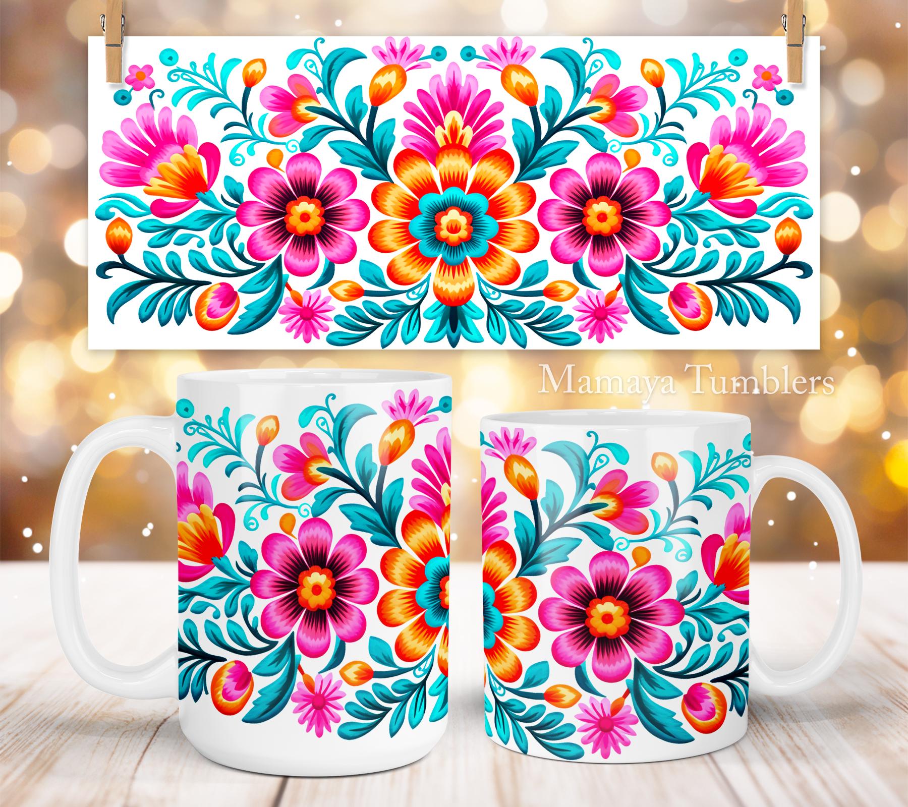 Mexican flowers Mug sublimation design Mexico traditional pattern Floral teal pink 11oz 15oz coffee cup template Wrap PNG Digital download