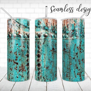 Teal rustic metal tumbler PNG design Western 20 oz skinny tumbler STRAIGHT digital wrap