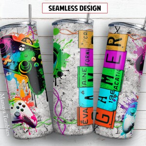 Gamer 20 Oz Skinny Tumbler Sublimation Design Neon Video Game ...