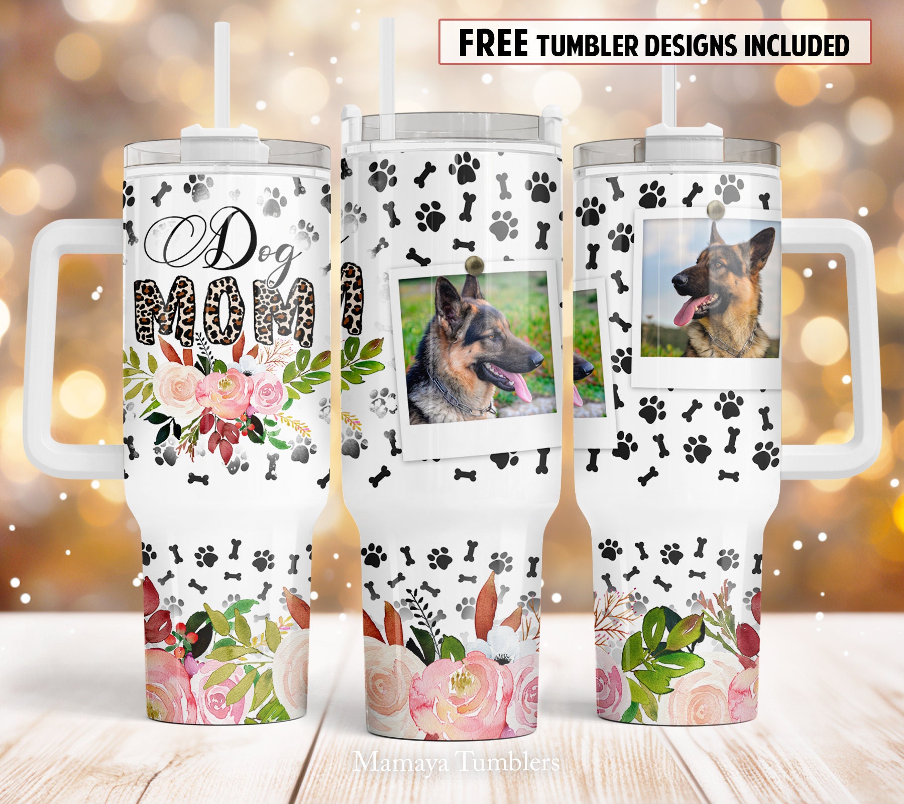 Dog mom 40oz Quencher tumbler sublimation design 2 picture frame Dog paws Flower digital PNG wrap Waterslide download