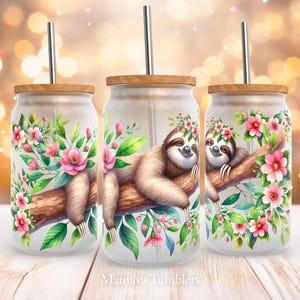 Sloth 16oz glass can sublimation design Cute animal Boho Flower Floral Sloth Glass can wrap PNG Digital download