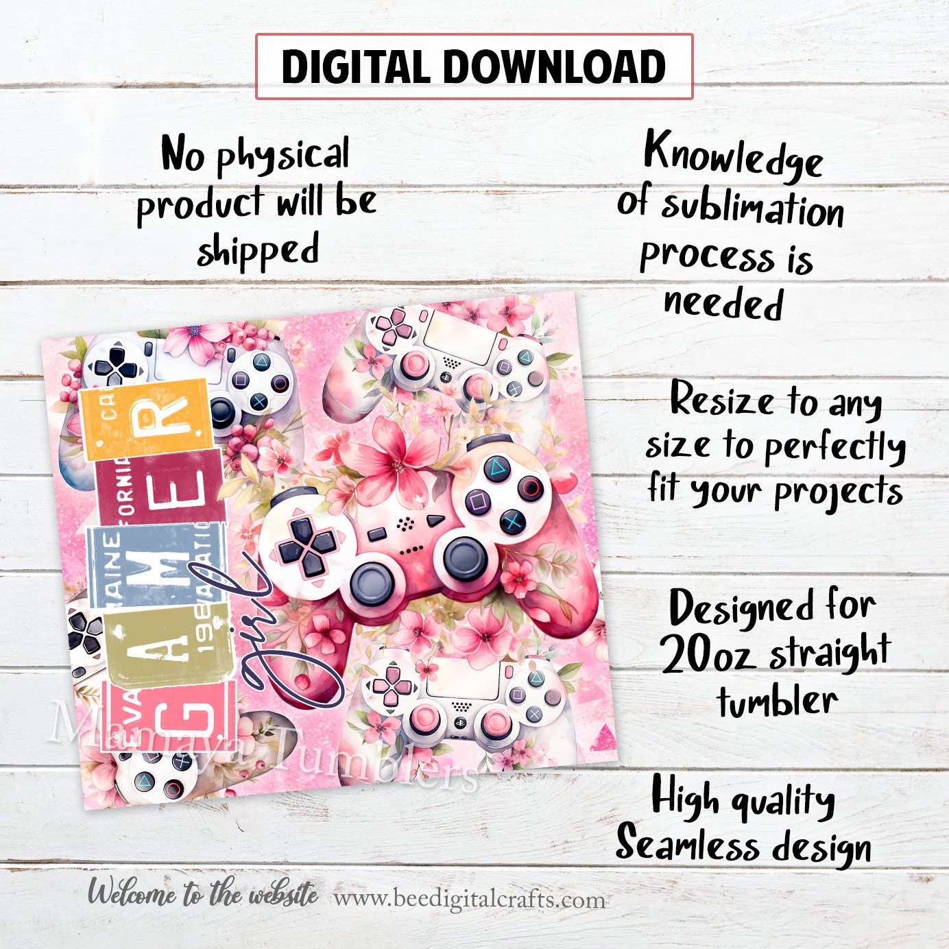 Gamer Girl 20oz Skinny Tumbler Sublimation Design Flowers Video Game ...