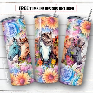 Horses 20oz skinny tumbler sublimation design Flower animal Floral design Digital PNG Seamless Straight wrap Waterslide download