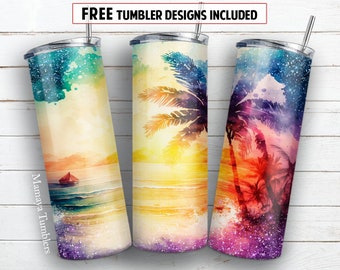 May include: Three stainless steel tumblers with different watercolor designs featuring palm trees and ocean scenes. The designs include a sunset with a sailboat, a yellow sunset with palm trees, and a purple sunset with palm trees. The tumblers are all 20 ounces and have a clear lid.