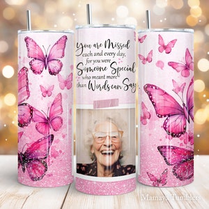 Memorial 20 oz skinny tumbler sublimation design Someone special Pink Butterfly glitter Photo frame PNG Straight wrap Waterslide download