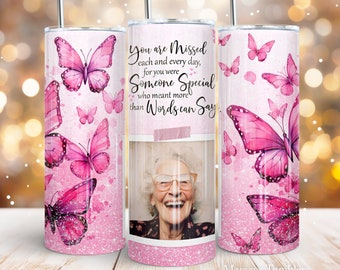 Memorial 20 oz skinny tumbler sublimation design Someone special Pink Butterfly glitter Photo frame PNG Straight wrap Waterslide download