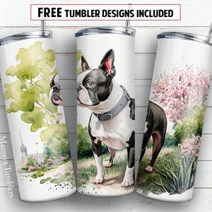 Boston terrier dog 20 oz skinny tumbler sublimation design Watercolor pet lover digital PNG Straight wrap Waterslide download