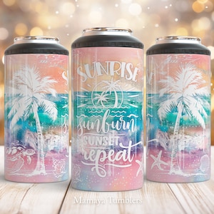 May include: Three stainless steel tumblers with a beach-themed design. The tumblers feature a pink and blue watercolor background with palm trees, ocean waves, and the text "Sunrise, Sunburn, Sunset, Repeat".
