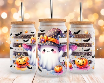 Cute ghost 16oz glass can sublimation design Halloween Boo Spooky pumpkin Fall vibes Thanksgiving Glass can wrap PNG Digital download