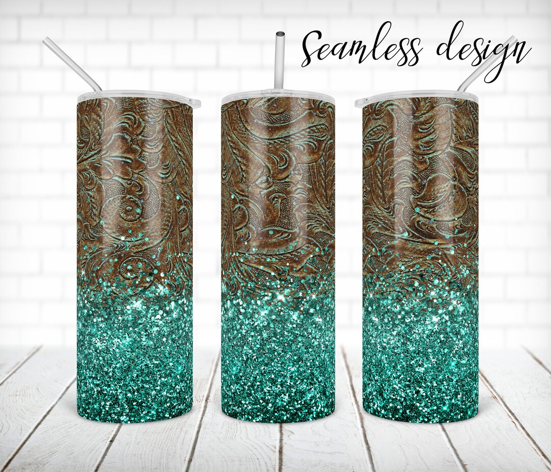 Tooled Leather Tumbler PNG Design Western Teal Glitter 20 Oz Skinny ...
