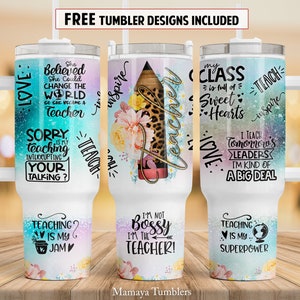 Teacher 40 oz Quencher tumbler sublimation design Teach love inspire School quotes Flower pencil digital PNG wrap Waterslide download