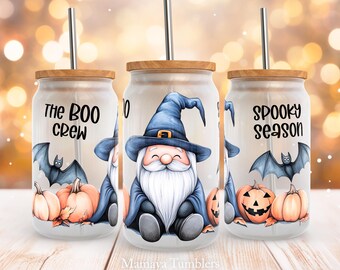 Halloween gnome 16oz glass can Sublimation design Spooky season The boo crew Scary pumpkin Glass can wrap PNG Digital download
