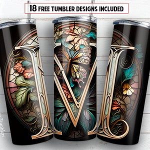 Buntglas Monogramm Buchstabe M 20 oz Skinny Becher Sublimation Design Blume Schmetterling digitale PNG Gerade Wrap Wasserrutsche download