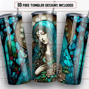 Vidrieras Virgen María 20oz diseño de sublimación de vaso delgado Nuestra Señora de Guadalupe floral digital PNG Envoltura recta Descarga de tobogán acuático