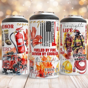 May include: Three white insulated beverage holders with firefighter-themed designs. One features a fire truck, boots, and the words "Honor" and "Hero." Another displays an American flag and the text "Fueled by Fire, Driven by Courage." The third shows firefighters and the words "Firefighter Life."