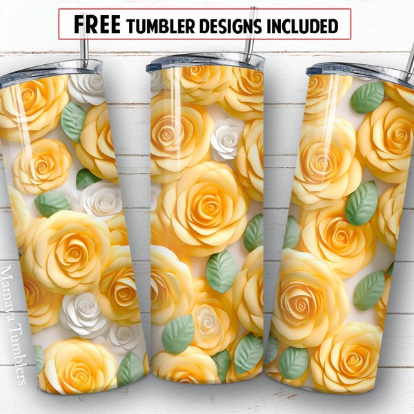 3D flowers 20 oz skinny tumbler sublimation design Yellow roses digital PNG Straight wrap Waterslide download