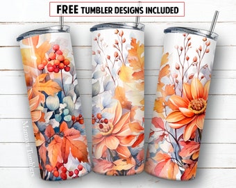 May include: Three stainless steel tumblers with fall-themed watercolor designs. The designs feature orange and yellow leaves, berries, and flowers against a white background. The text "FREE TUMBLER DESIGNS INCLUDED" is at the top.