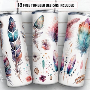 Boho 20 oz skinny tumbler sublimation design Further and flower Watercolor digital PNG Straight wrap Waterslide download