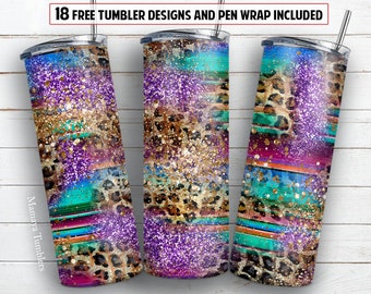 20 oz skinny tumbler sublimation design Teal purple western leopard digital PNG design + 30 oz tumbler template and Epoxy pen wrap design