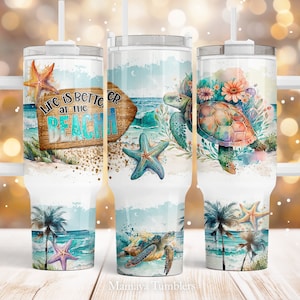 Life is better at the beach 40 oz Quencher tumbler sublimation design Summer Turtle starfish Quote digital PNG wrap Waterslide download