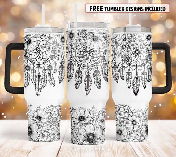 40 oz Tumbler with Handle - Wild Roses and Flowers Line Art Pattern