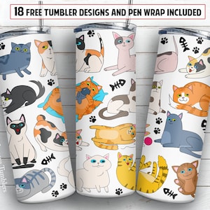 Cats 20 oz skinny tumbler sublimation design Watercolor pets Cat lover PNG design + 30 oz tumbler template and Epoxy pen wrap design
