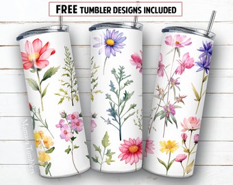 Flores de campo 20oz diseño de sublimación de vaso delgado Flores silvestres Diseño floral PNG digital Envoltura recta Descarga de tobogán acuático