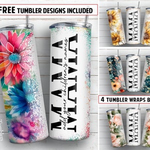 Mama BUNDLE 20oz skinny tumbler sublimation design Sunflower Rose split kid&#39;s names floral digital PNG Straight wrap Waterslide download