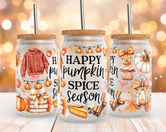 Feliz temporada de especias de calabaza Lata de vidrio de 16 oz Diseño de sublimación Vibraciones de otoño Libro de lazos coquetos Suéter de otoño Envoltura de lata de vidrio PNG Descarga digital