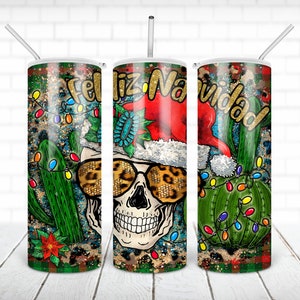Feliz Navidad 20 oz skinny tumbler sublimation design Christmas skull glasses and cactus digital PNG design Tumbler wrap