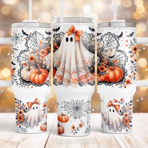 Cute ghost 40oz Quencher tumbler Sublimation design Halloween Spooky season Fall vibes Autumn Flower PNG wrap Waterslide Digital download