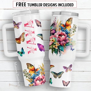 Yaya 40oz Quencher tumbler sublimation design Flowers butterfly Floral digital PNG wrap Waterslide download