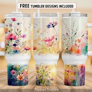 Flower 40 oz Quencher tumbler sublimation design Wild flowers Floral digital PNG wrap Waterslide download
