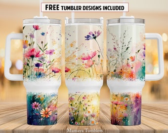 Flower 40 oz Quencher tumbler sublimation design Wild flowers Floral digital PNG wrap Waterslide download