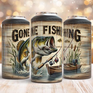 May include: Three insulated beverage holders with a fishing theme. Each holder features a wooden plank design with the words "GONE FISHING" and a detailed illustration of a largemouth bass, fishing rod, and a small boat.