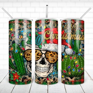 SEAMLESS Merry Christmas tumbler PNG design Christmas skull glasses and cactus 20 oz skinny tumbler STRAIGHT digital wrap