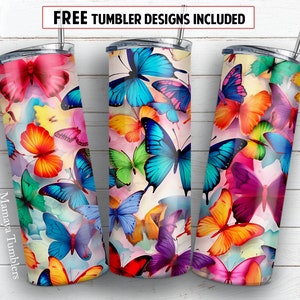 3D butterflies 20 oz skinny tumbler sublimation design Rainbow butterfly digital PNG Straight wrap Waterslide download