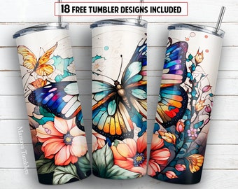 Stained glass butterfly 20oz skinny tumbler sublimation design Flower floral digital PNG Straight wrap Waterslide download