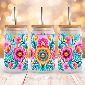 Mexican flowers 16oz glass can sublimation design Mexico traditional pattern Glass can wrap PNG wrap download